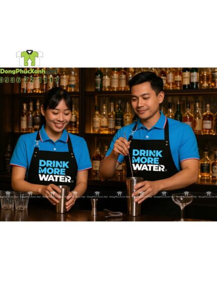 Tạp dề đồng phục nhân viên quán nước thiết kế dây móc khóa ngang eo độc đáo, in logo Drink More Water.