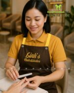 Tạp dề nails thiết kế dây đeo nút bấm hiện đại, in logo Linh’s nails&lashes.