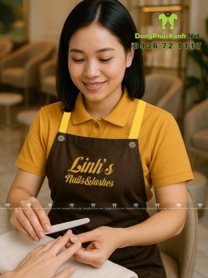 Tạp dề nails thiết kế dây đeo nút bấm hiện đại, in logo Linh’s nails&lashes.