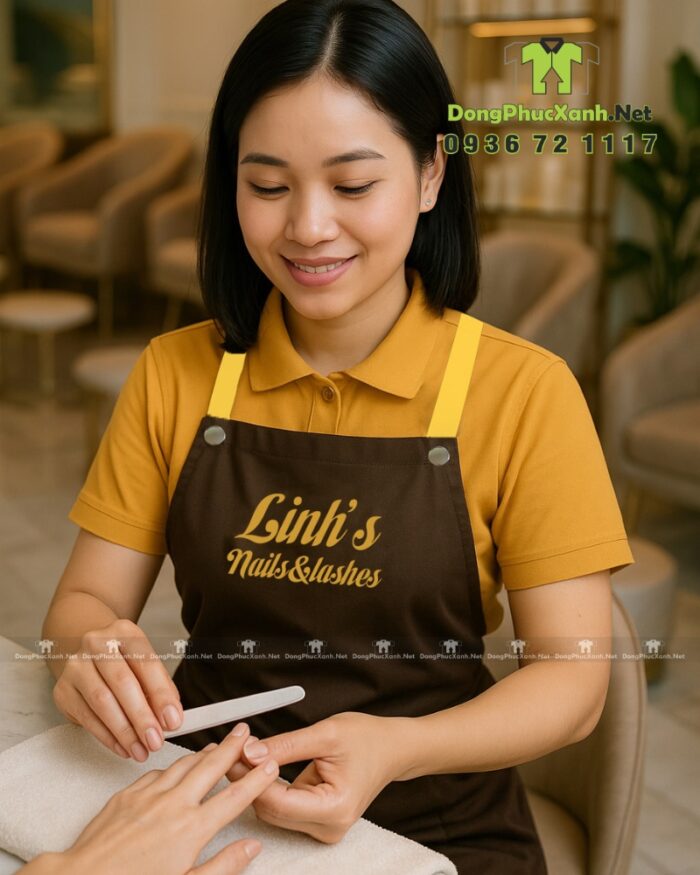 Tạp dề nails thiết kế dây đeo nút bấm hiện đại, in logo Linh’s nails&lashes.