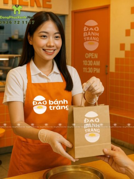 Tạp dề đồng phục nhân viên quán ăn vặt thiết kế màu cam nổi bật, in logo Đạo Bánh Tráng.