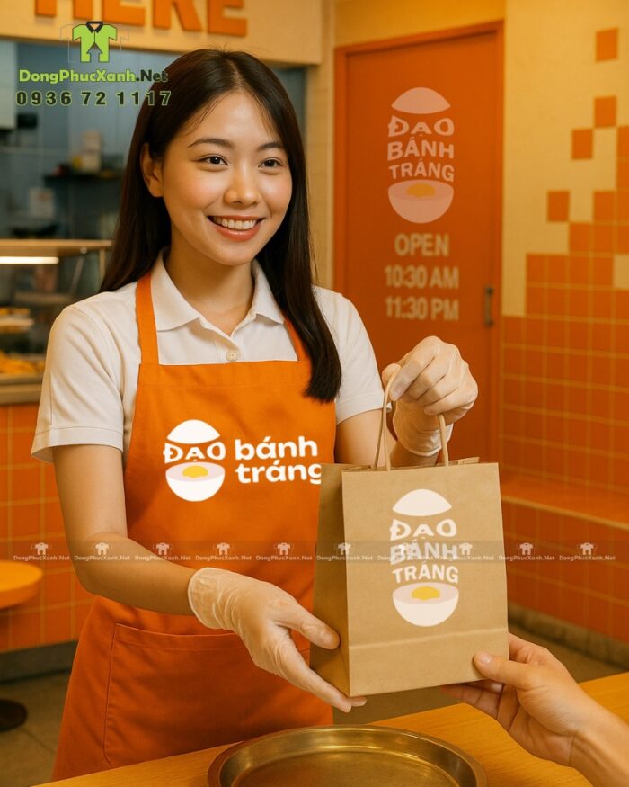 Tạp dề đồng phục nhân viên quán ăn vặt thiết kế màu cam nổi bật, in logo Đạo Bánh Tráng.