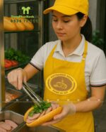 Tạp dề đồng phục tiệm bánh mì thiết kế màu vàng bắt mắt, in logo Vietnamese Bread - Banh mi 247.