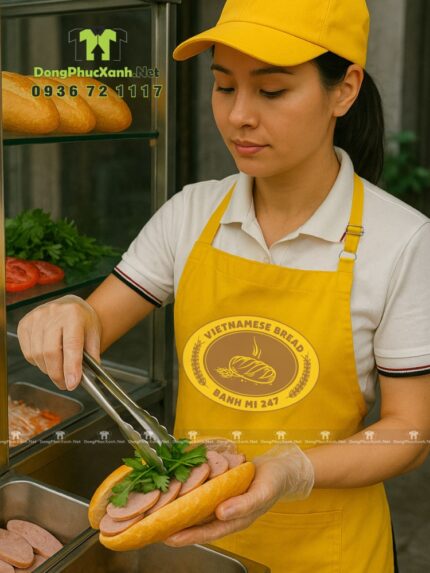 Tạp dề đồng phục tiệm bánh mì thiết kế màu vàng bắt mắt, in logo Vietnamese Bread - Banh mi 247.
