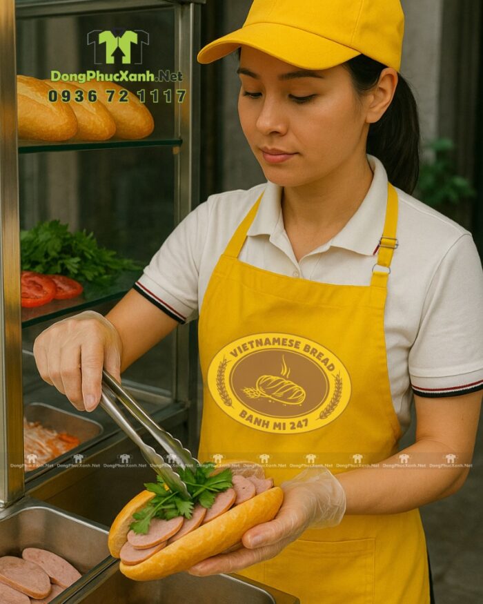 Tạp dề đồng phục tiệm bánh mì thiết kế màu vàng bắt mắt, in logo Vietnamese Bread - Banh mi 247.
