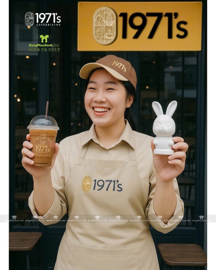 Bộ tạp dề quán cà phê thiết kế màu be đẹp mắt, thêu logo 1971’s.