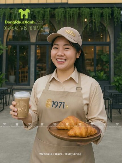 Bộ tạp dề quán cà phê thiết kế màu be đẹp mắt, thêu logo 1971’s.