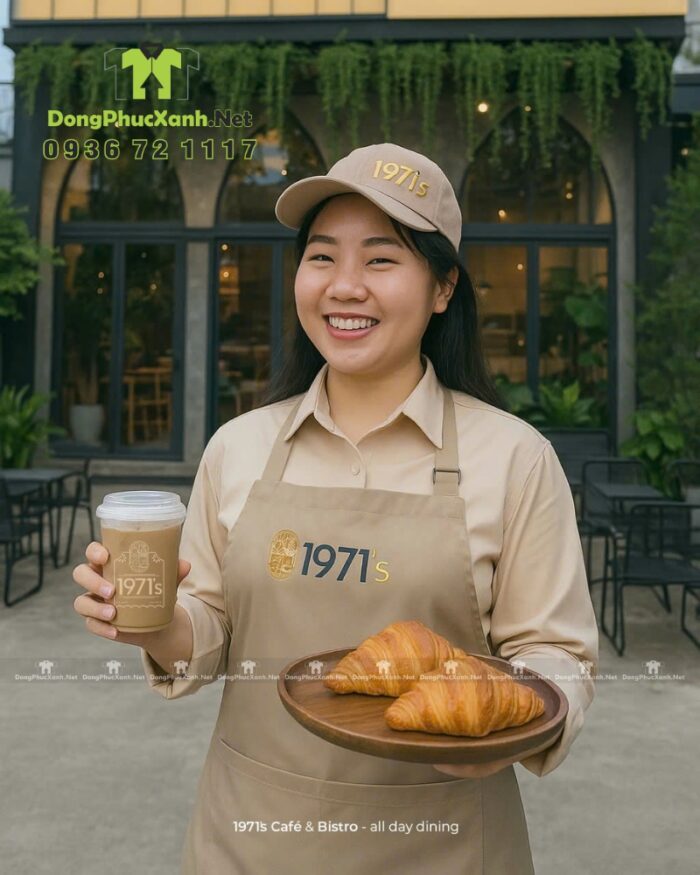 Bộ tạp dề quán cà phê thiết kế màu be đẹp mắt, thêu logo 1971’s.