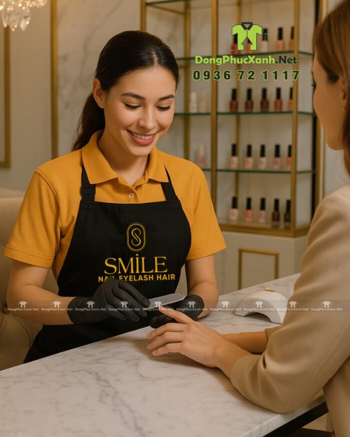 Tạp dề nails chống bám bụi, in logo Smile.