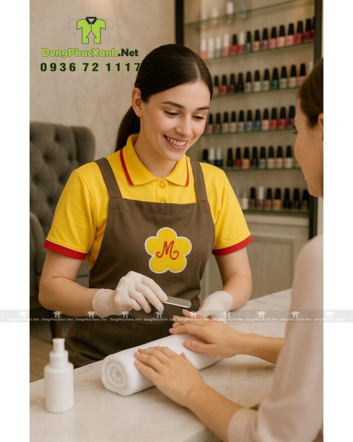 Tạp dề nail với chống bám bụi dành cho nhân viên, thêu logo M.