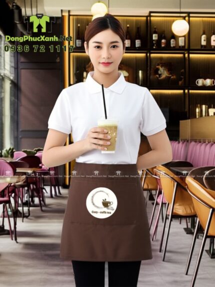 Bộ tạp dề quán cà phê, thiết kế đơn giản lịch sự, in logo Cozy - coffe tea.