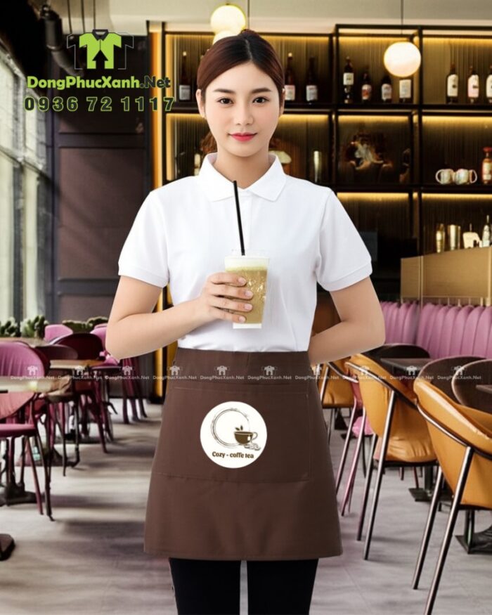 Bộ tạp dề quán cà phê, thiết kế đơn giản lịch sự, in logo Cozy - coffe tea.
