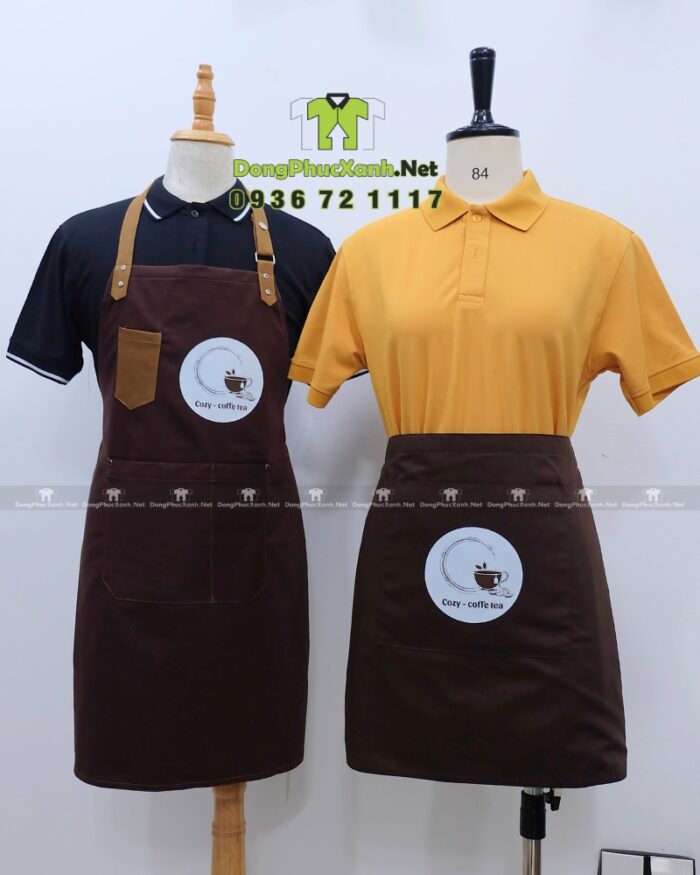 Bộ tạp dề quán cà phê, thiết kế đơn giản lịch sự, in logo Cozy - coffe tea.