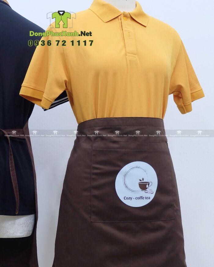 Bộ tạp dề quán cà phê, thiết kế đơn giản lịch sự, in logo Cozy - coffe tea.
