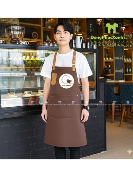 Bộ tạp dề quán cà phê, thiết kế đơn giản lịch sự, in logo Cozy - coffe tea.