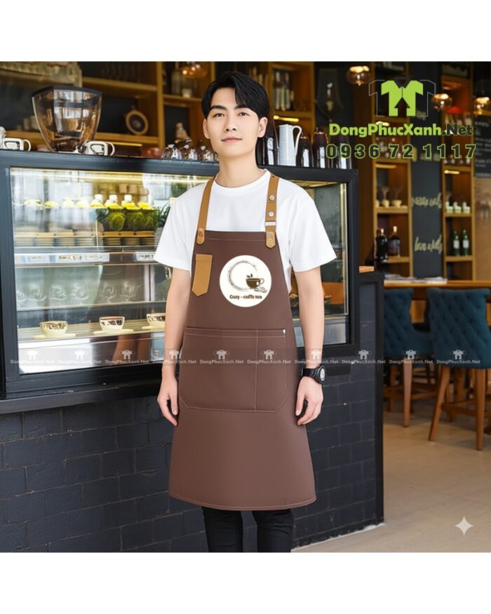 Bộ tạp dề quán cà phê, thiết kế đơn giản lịch sự, in logo Cozy - coffe tea.