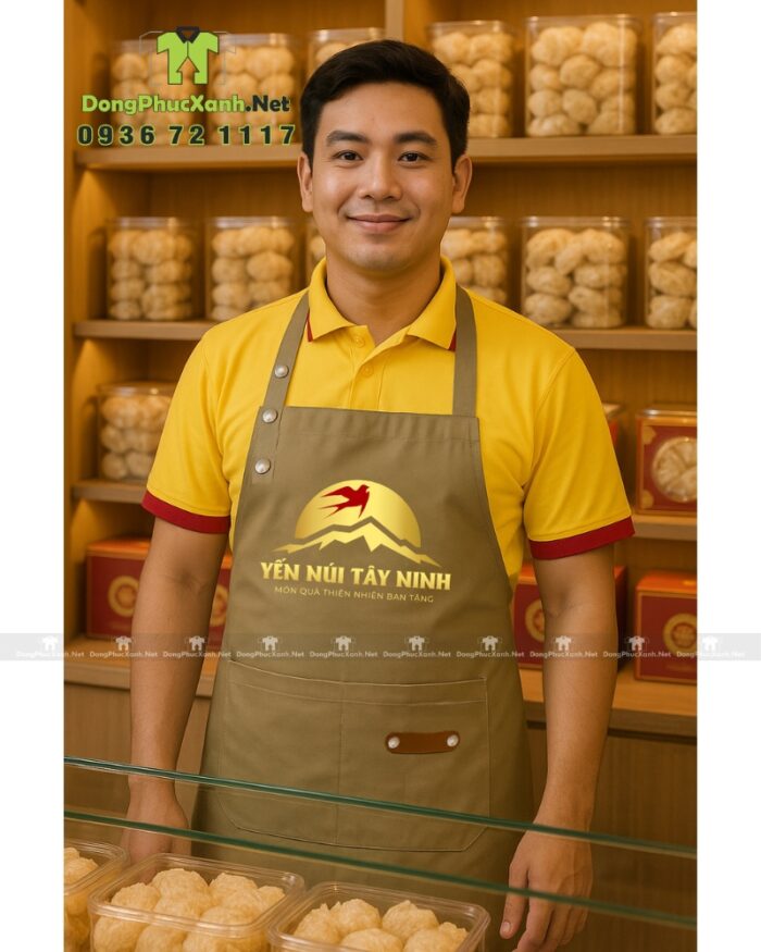 Tạp dề đồng phục nhân viên bán hàng thiết kế dây đeo nút bấm hiện đại, in logo Yến Núi Tây Ninh.