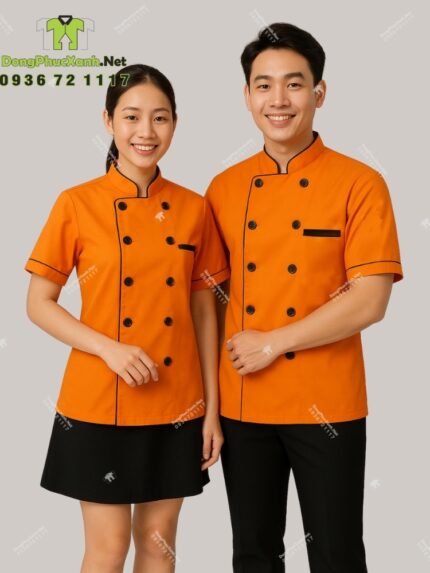 Áo bếp đồng phục màu cam dành cho quán ăn, nhà hàng, in/ thêu logo theo yêu cầu.