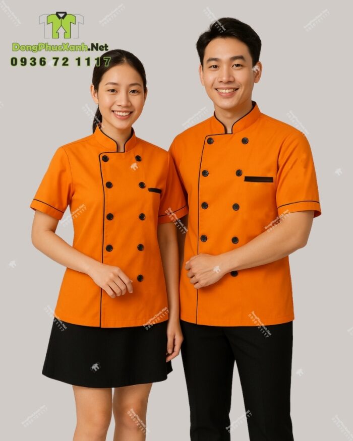 Áo bếp đồng phục màu cam dành cho quán ăn, nhà hàng, in/ thêu logo theo yêu cầu.
