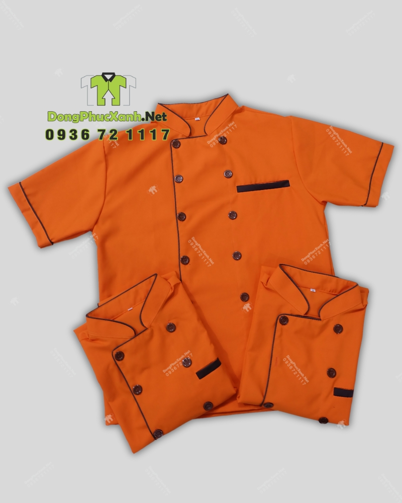 Áo bếp đồng phục màu cam dành cho quán ăn, nhà hàng, in/ thêu logo theo yêu cầu.