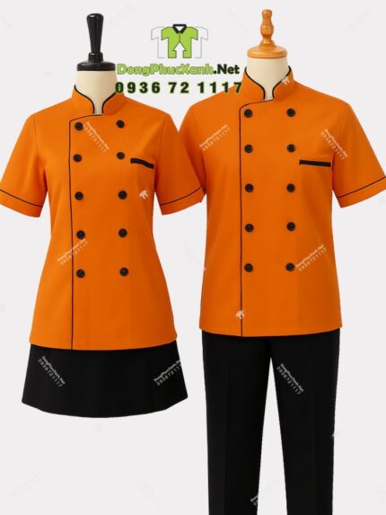 Áo bếp đồng phục màu cam dành cho quán ăn, nhà hàng, in/ thêu logo theo yêu cầu.
