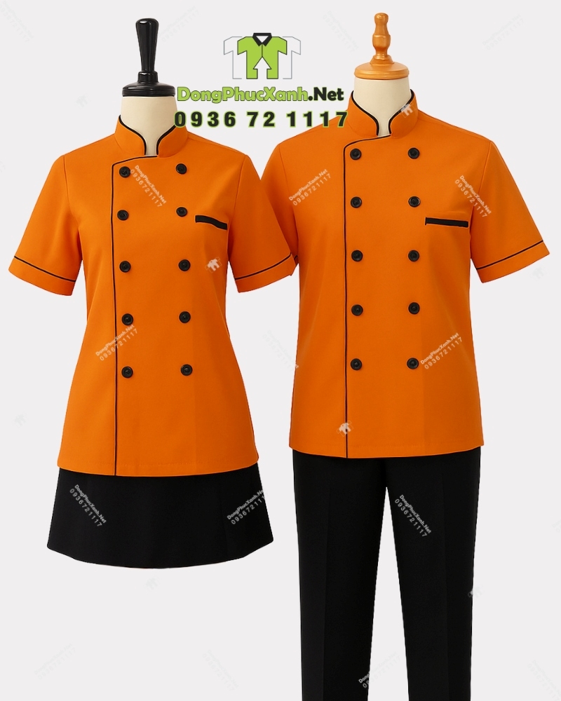 Áo bếp đồng phục màu cam dành cho quán ăn, nhà hàng, in/ thêu logo theo yêu cầu.