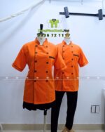 Áo bếp đồng phục màu cam dành cho quán ăn, nhà hàng, in/ thêu logo theo yêu cầu.