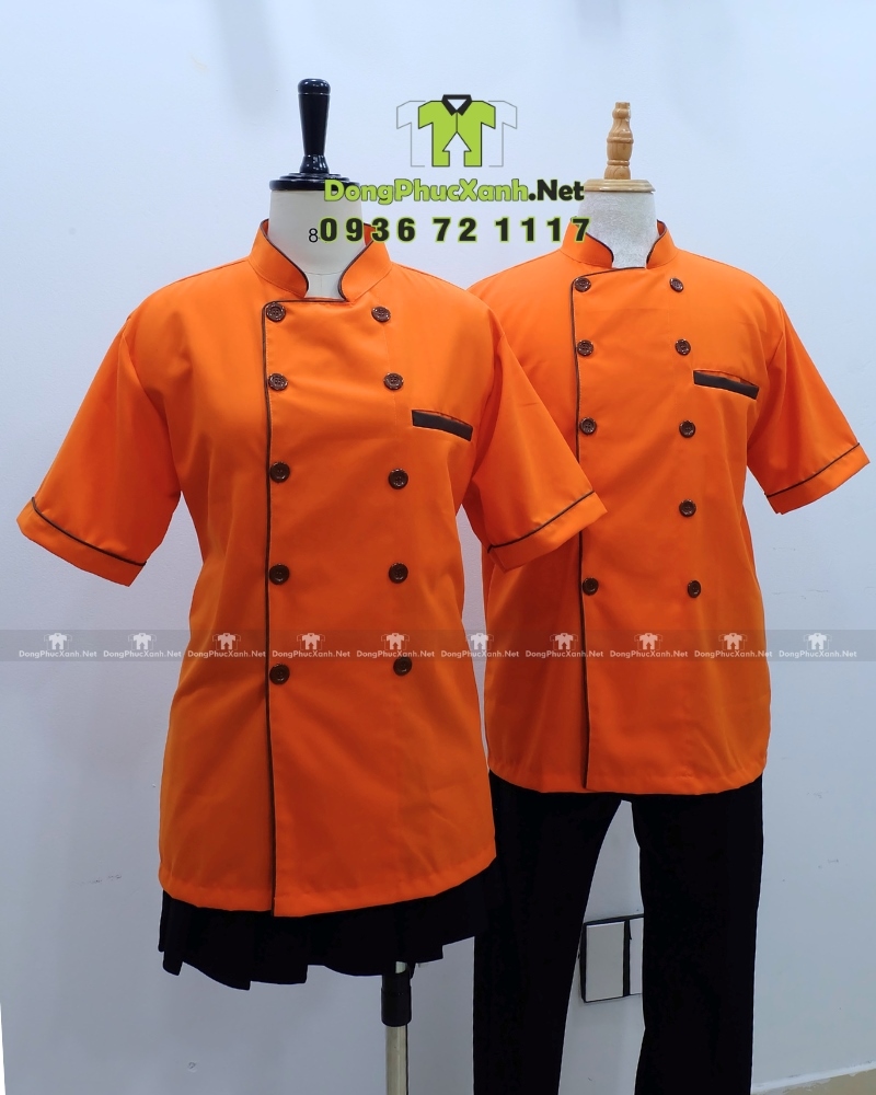 Áo bếp đồng phục màu cam dành cho quán ăn, nhà hàng, in/ thêu logo theo yêu cầu.