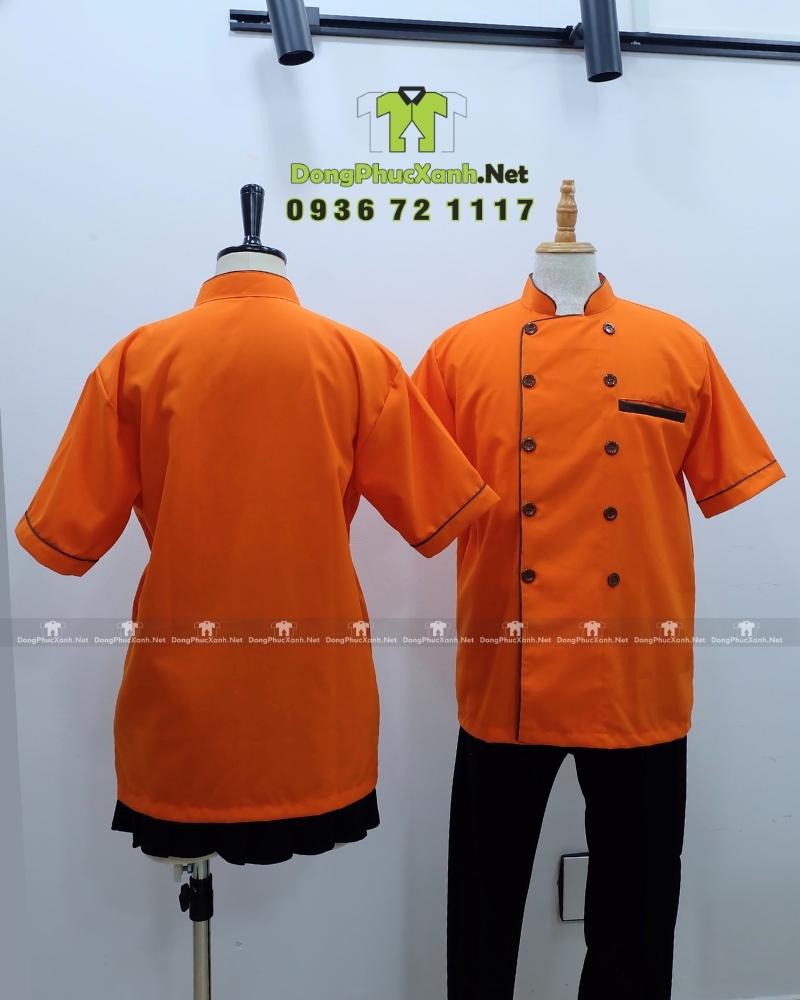 Áo bếp đồng phục màu cam dành cho quán ăn, nhà hàng, in/ thêu logo theo yêu cầu.