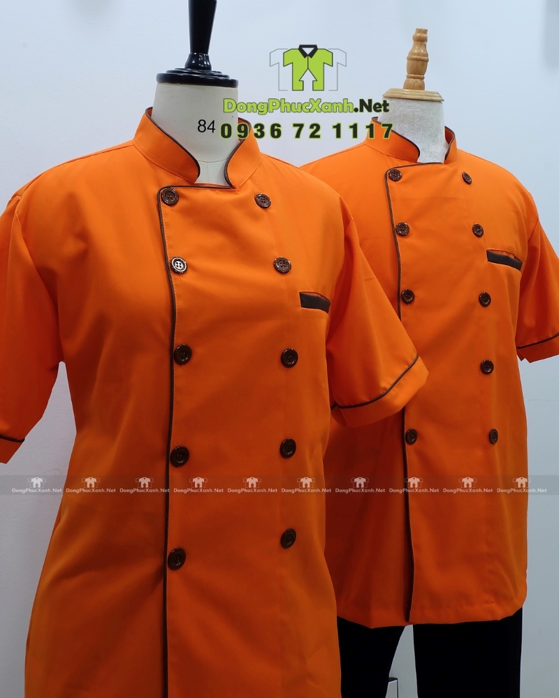 Áo bếp đồng phục màu cam dành cho quán ăn, nhà hàng, in/ thêu logo theo yêu cầu.