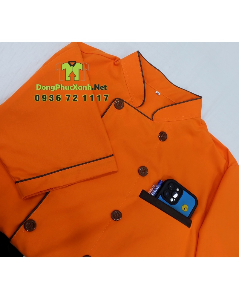 Áo bếp đồng phục màu cam dành cho quán ăn, nhà hàng, in/ thêu logo theo yêu cầu.