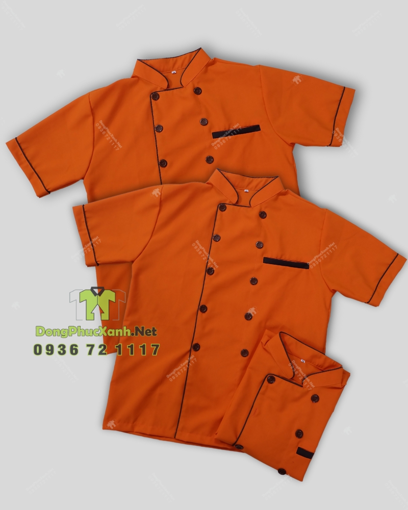 Áo bếp đồng phục màu cam dành cho quán ăn, nhà hàng, in/ thêu logo theo yêu cầu.