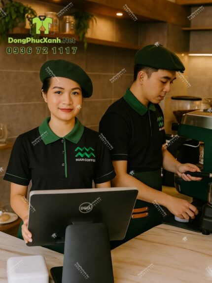 Áo thun đồng phục màu đen phối viền xanh lá dành cho nhân viên quán cà phê, thêu logo Mam Coffee.