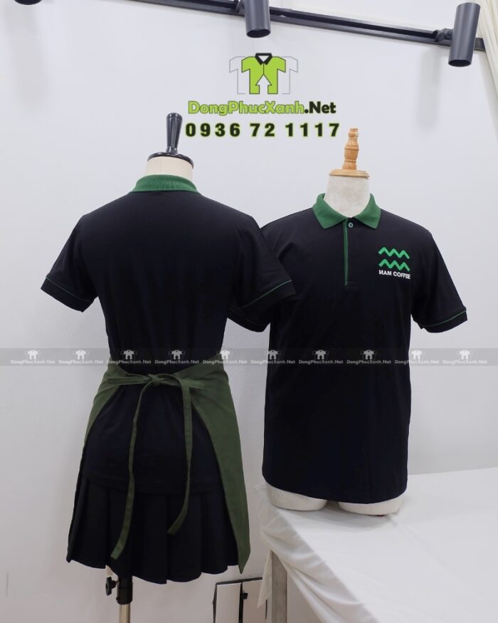 Áo thun đồng phục màu đen phối viền xanh lá dành cho nhân viên quán cà phê, thêu logo Mam Coffee.