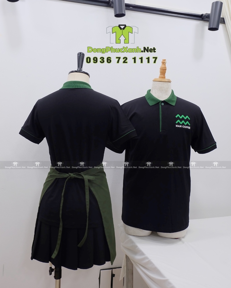 Áo thun đồng phục dành cho nhân viên quán cà phê thêu logo Mam Coffee.%_co_gian_4_chieu (6) Áo thun đồng phục màu đen phối viền xanh lá dành cho nhân viên quán cà phê, thêu logo Mam Coffee.