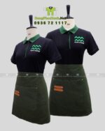 Áo thun đồng phục màu đen phối viền xanh lá dành cho nhân viên quán cà phê, thêu logo Mam Coffee.