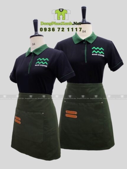 Áo thun đồng phục màu đen phối viền xanh lá dành cho nhân viên quán cà phê, thêu logo Mam Coffee.