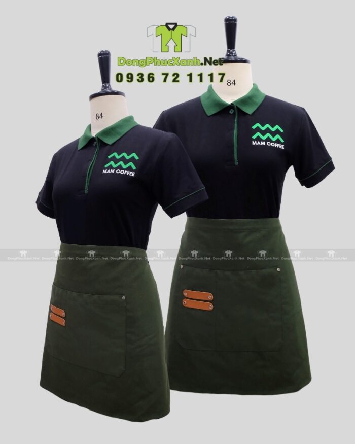 Áo thun đồng phục màu đen phối viền xanh lá dành cho nhân viên quán cà phê, thêu logo Mam Coffee.