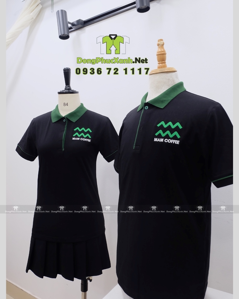 Áo thun đồng phục dành cho nhân viên quán cà phê thêu logo Mam Coffee.%_co_gian_4_chieu (8) Áo thun đồng phục màu đen phối viền xanh lá dành cho nhân viên quán cà phê, thêu logo Mam Coffee.