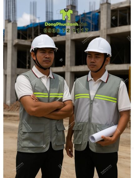 Áo gile kỹ sư phối lưới màu xám, in logo công ty theo yêu cầu.