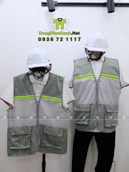 Áo gile kỹ sư phối lưới màu xám, in logo công ty theo yêu cầu.