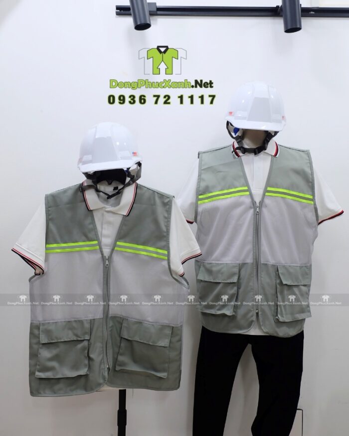 Áo gile kỹ sư phối lưới màu xám, in logo công ty theo yêu cầu.