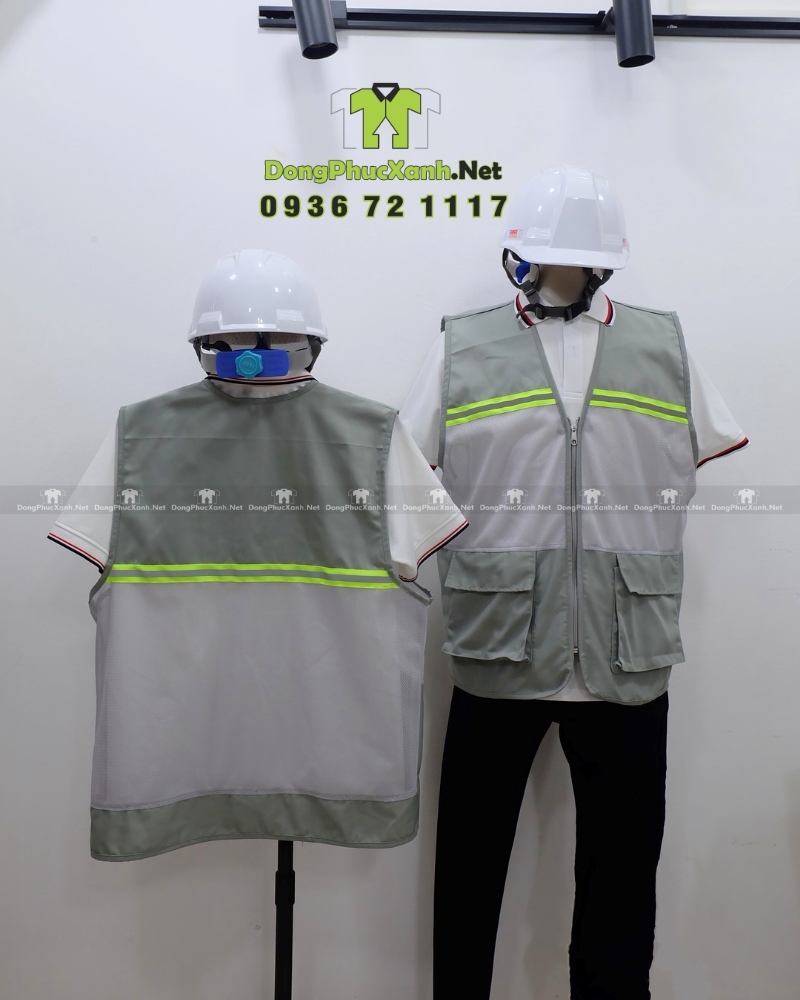 Áo gile kỹ sư in logo công ty theo yêu cầu.(3) Áo gile kỹ sư phối lưới màu xám, in logo công ty theo yêu cầu.