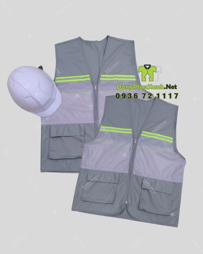 Áo gile kỹ sư phối lưới màu xám, in logo công ty theo yêu cầu.