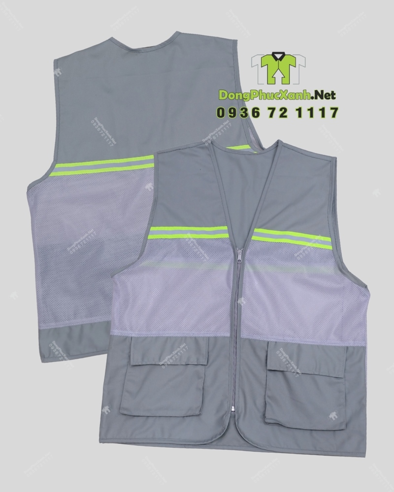 Áo gile kỹ sư in logo công ty theo yêu cầu.(5) Áo gile kỹ sư phối lưới màu xám, in logo công ty theo yêu cầu.