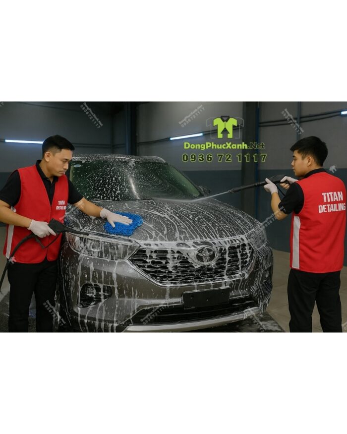 Áo gile đồng phục màu đỏ, in chữ “TITAN DETAILING”dành cho nhân viên sửa chữa oto