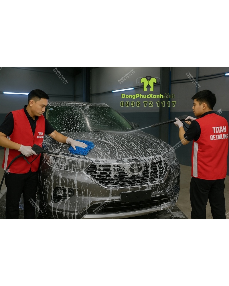 Áo gile dù gió TITAN DETAILING cho nhân viên sửa xe Áo gile đồng phục màu đỏ, in chữ “TITAN DETAILING”dành cho nhân viên sửa chữa oto