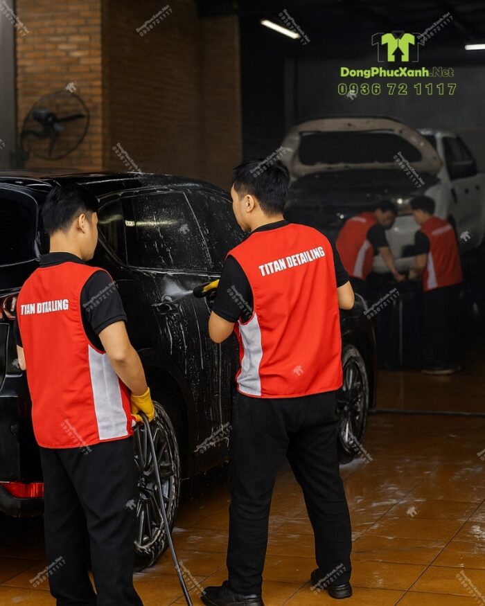 Áo gile đồng phục màu đỏ, in chữ “TITAN DETAILING”dành cho nhân viên sửa chữa oto