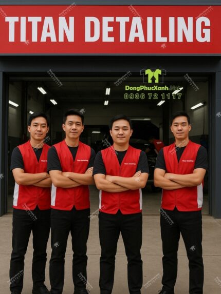 Áo gile đồng phục màu đỏ, in chữ “TITAN DETAILING”dành cho nhân viên sửa chữa oto