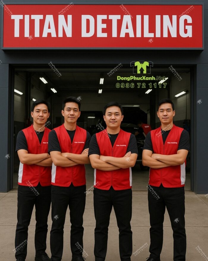 Áo gile đồng phục màu đỏ, in chữ “TITAN DETAILING”dành cho nhân viên sửa chữa oto